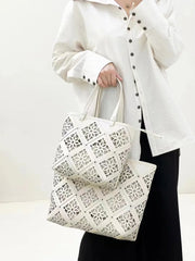 Summer Handmade Leather Tote Bag, Hollow Carved Basket Shoulder Bag, Designer Cowhide Handbag for Wome