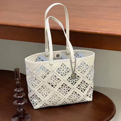 Summer Handmade Leather Tote Bag, Hollow Carved Basket Shoulder Bag, Designer Cowhide Handbag for Wome