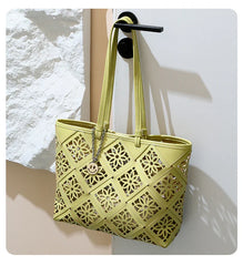 Summer Handmade Leather Tote Bag, Hollow Carved Basket Shoulder Bag, Designer Cowhide Handbag for Wome
