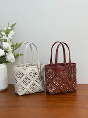 Summer Handmade Leather Tote Bag, Hollow Carved Basket Shoulder Bag, Designer Cowhide Handbag for Wome