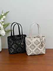 Summer Handmade Leather Tote Bag, Hollow Carved Basket Shoulder Bag, Designer Cowhide Handbag for Wome