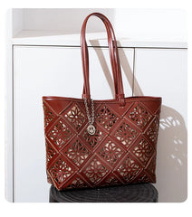 Summer Handmade Leather Tote Bag, Hollow Carved Basket Shoulder Bag, Designer Cowhide Handbag for Wome