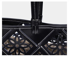 Summer Handmade Leather Tote Bag, Hollow Carved Basket Shoulder Bag, Designer Cowhide Handbag for Wome