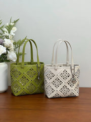 Summer Handmade Leather Tote Bag, Hollow Carved Basket Shoulder Bag, Designer Cowhide Handbag for Wome