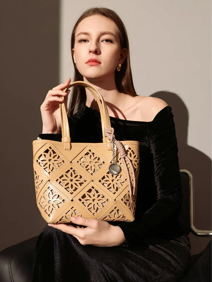 Summer Handmade Leather Tote Bag, Hollow Carved Basket Shoulder Bag, Designer Cowhide Handbag for Wome