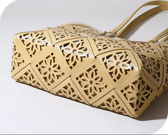 Summer Handmade Leather Tote Bag, Hollow Carved Basket Shoulder Bag, Designer Cowhide Handbag for Wome