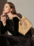 Summer Handmade Leather Tote Bag, Hollow Carved Basket Shoulder Bag, Designer Cowhide Handbag for Wome