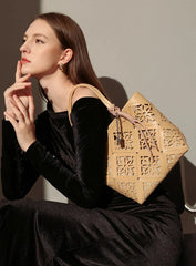 Summer Handmade Leather Tote Bag, Hollow Carved Basket Shoulder Bag, Designer Cowhide Handbag for Wome