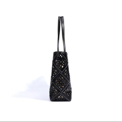 Summer Handmade Leather Tote Bag, Hollow Carved Basket Shoulder Bag, Designer Cowhide Handbag for Wome