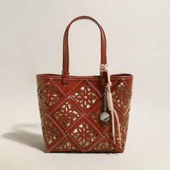 Summer Handmade Leather Tote Bag, Hollow Carved Basket Shoulder Bag, Designer Cowhide Handbag for Wome