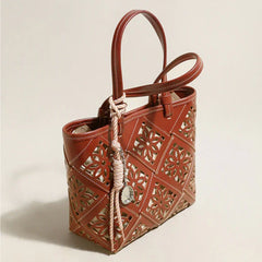 Summer Handmade Leather Tote Bag, Hollow Carved Basket Shoulder Bag, Designer Cowhide Handbag for Wome