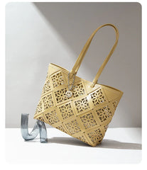 Summer Handmade Leather Tote Bag, Hollow Carved Basket Shoulder Bag, Designer Cowhide Handbag for Wome