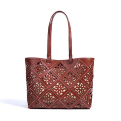 Summer Handmade Leather Tote Bag, Hollow Carved Basket Shoulder Bag, Designer Cowhide Handbag for Wome