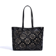 Summer Handmade Leather Tote Bag, Hollow Carved Basket Shoulder Bag, Designer Cowhide Handbag for Wome