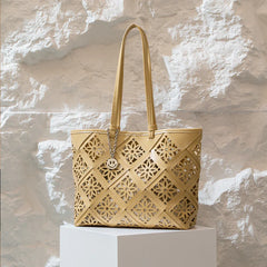 Summer Handmade Leather Tote Bag, Hollow Carved Basket Shoulder Bag, Designer Cowhide Handbag for Wome