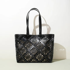 Summer Handmade Leather Tote Bag, Hollow Carved Basket Shoulder Bag, Designer Cowhide Handbag for Wome