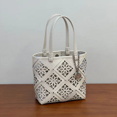 Summer Handmade Leather Tote Bag, Hollow Carved Basket Shoulder Bag, Designer Cowhide Handbag for Wome