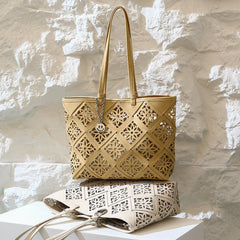 Summer Handmade Leather Tote Bag, Hollow Carved Basket Shoulder Bag, Designer Cowhide Handbag for Wome