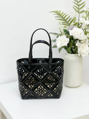 Summer Handmade Leather Tote Bag, Hollow Carved Basket Shoulder Bag, Designer Cowhide Handbag for Wome