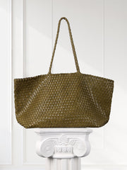 Summer Handwoven Cowhide Leather Tote Bag, Large Soft Slouchy Shoulder Bag, Lightweight Travel & Commuter Fashion Shopper Bag For Women