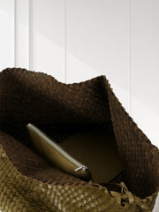 Summer Handwoven Cowhide Leather Tote Bag, Large Soft Slouchy Shoulder Bag, Lightweight Travel & Commuter Fashion Shopper Bag For Women