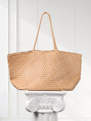 Summer Handwoven Cowhide Leather Tote Bag, Large Soft Slouchy Shoulder Bag, Lightweight Travel & Commuter Fashion Shopper Bag For Women