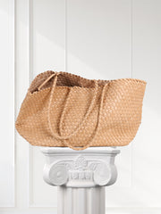 Summer Handwoven Cowhide Leather Tote Bag, Large Soft Slouchy Shoulder Bag, Lightweight Travel & Commuter Fashion Shopper Bag For Women