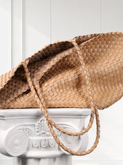 Summer Handwoven Cowhide Leather Tote Bag, Large Soft Slouchy Shoulder Bag, Lightweight Travel & Commuter Fashion Shopper Bag For Women