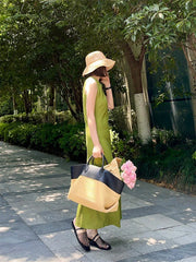 Summer Raffia Woven Tote Bag with Calf Leather Trim, Large Beach Bag, Vacation & Everyday Handbag