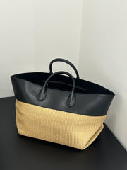 Summer Raffia Woven Tote Bag with Calf Leather Trim, Large Beach Bag, Vacation & Everyday Handbag