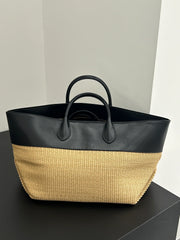 Summer Raffia Woven Tote Bag with Calf Leather Trim, Large Beach Bag, Vacation & Everyday Handbag