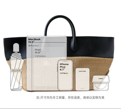 Summer Raffia Woven Tote Bag with Calf Leather Trim, Large Beach Bag, Vacation & Everyday Handbag