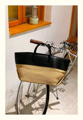 Summer Raffia Woven Tote Bag with Calf Leather Trim, Large Beach Bag, Vacation & Everyday Handbag