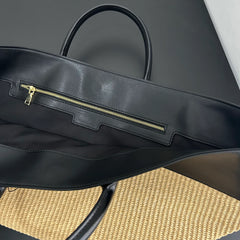 Summer Raffia Woven Tote Bag with Calf Leather Trim, Large Beach Bag, Vacation & Everyday Handbag