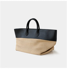 Summer Raffia Woven Tote Bag with Calf Leather Trim, Large Beach Bag, Vacation & Everyday Handbag