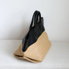 Summer Raffia Woven Tote Bag with Calf Leather Trim, Large Beach Bag, Vacation & Everyday Handbag