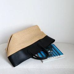 Summer Raffia Woven Tote Bag with Calf Leather Trim, Large Beach Bag, Vacation & Everyday Handbag