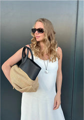 Summer Raffia Woven Tote Bag with Calf Leather Trim, Large Beach Bag, Vacation & Everyday Handbag