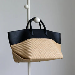 Summer Raffia Woven Tote Bag with Calf Leather Trim, Large Beach Bag, Vacation & Everyday Handbag