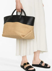 Summer Raffia Woven Tote Bag with Calf Leather Trim, Large Beach Bag, Vacation & Everyday Handbag