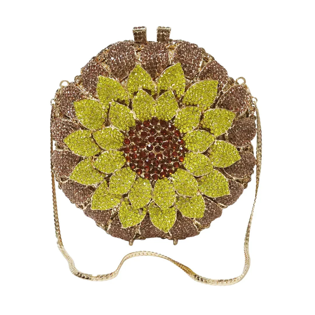 Sunflower Rhinestone Evening Bag, Bridal Wedding Clutch, Handcrafted Floral Party Bag, Crystal Clutch Purse for Formal Events
