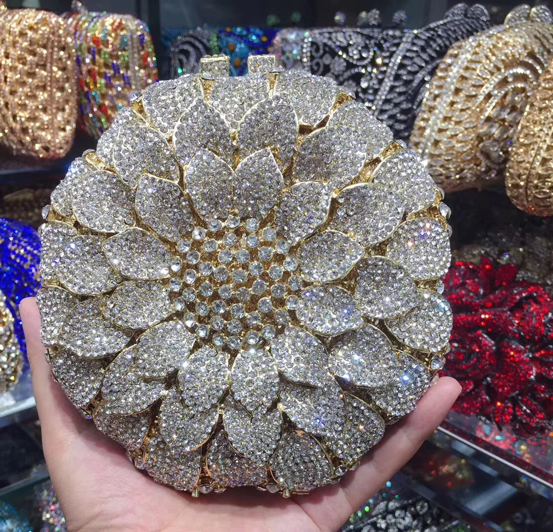 Sunflower Rhinestone Evening Bag, Bridal Wedding Clutch, Handcrafted Floral Party Bag, Crystal Clutch Purse for Formal Events