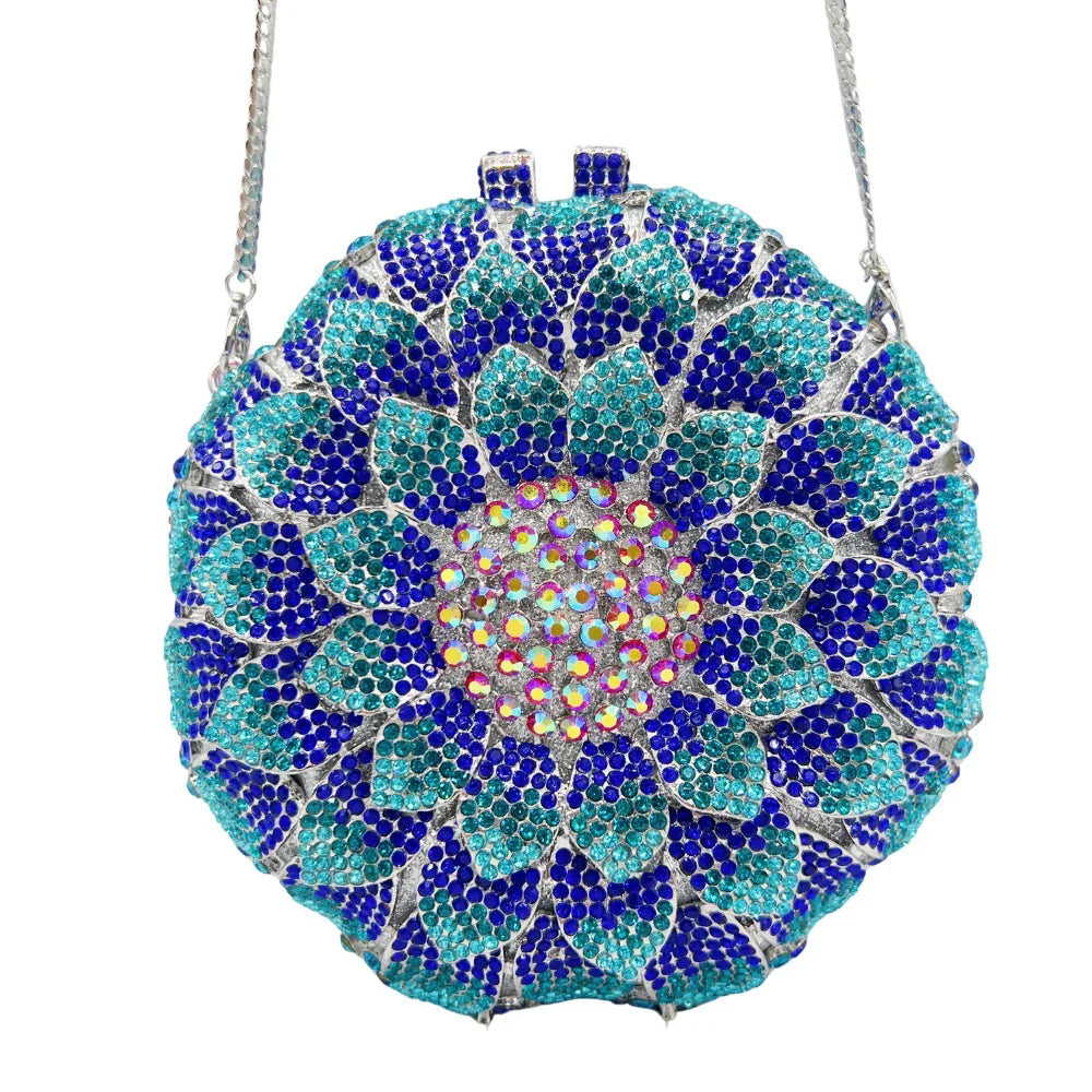 Sunflower Rhinestone Evening Bag, Bridal Wedding Clutch, Handcrafted Floral Party Bag, Crystal Clutch Purse for Formal Events