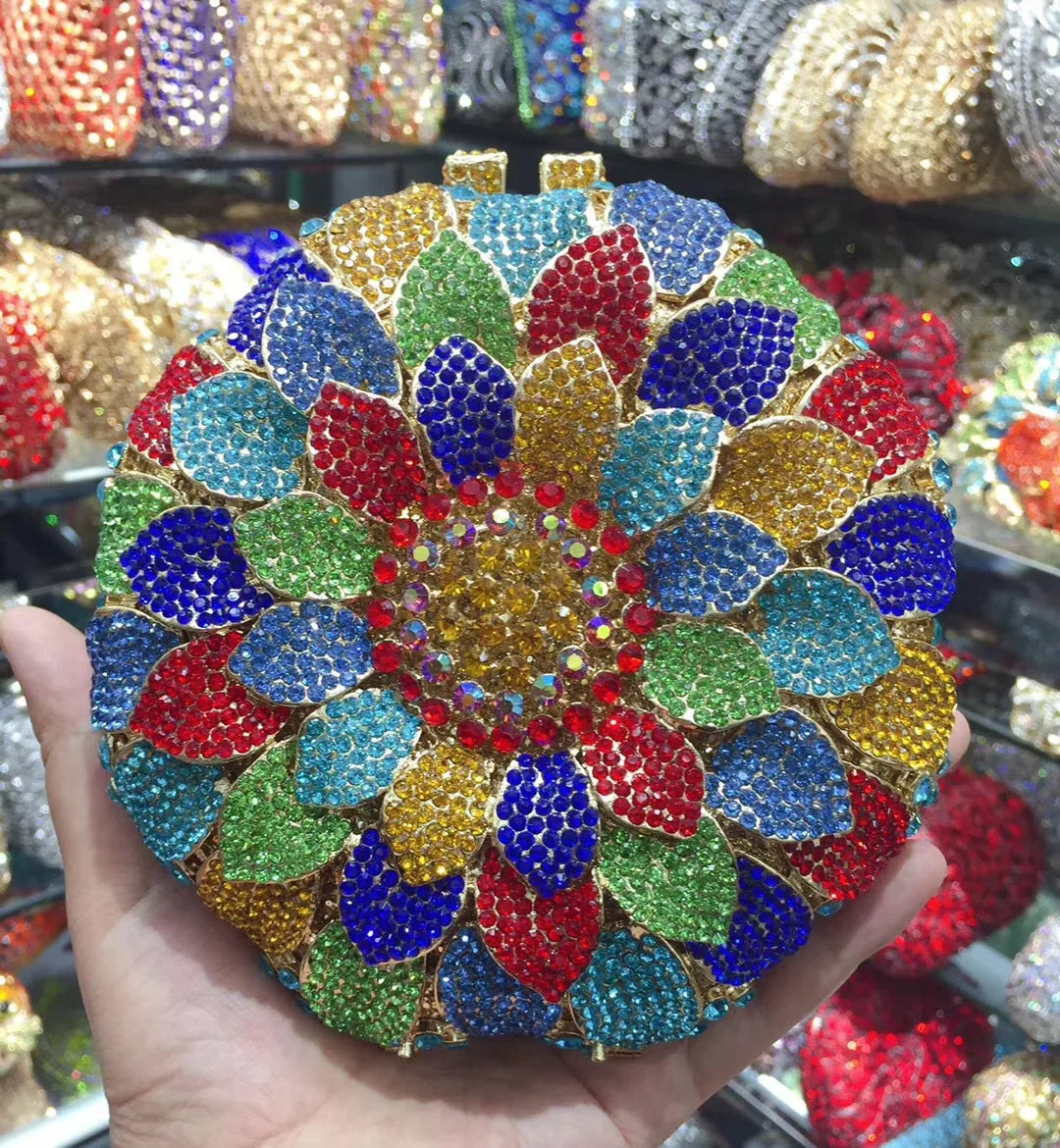Sunflower Rhinestone Evening Bag, Bridal Wedding Clutch, Handcrafted Floral Party Bag, Crystal Clutch Purse for Formal Events