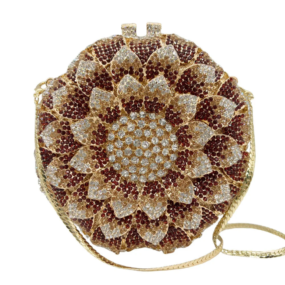 Sunflower Rhinestone Evening Bag, Bridal Wedding Clutch, Handcrafted Floral Party Bag, Crystal Clutch Purse for Formal Events