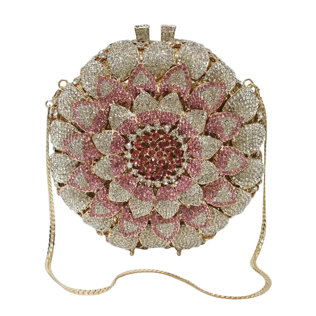 Sunflower Rhinestone Evening Bag, Bridal Wedding Clutch, Handcrafted Floral Party Bag, Crystal Clutch Purse for Formal Events