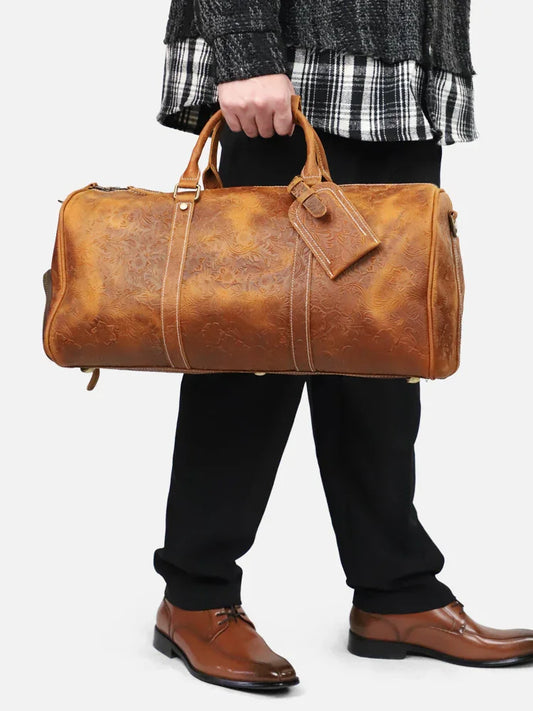 The Embossed Weekender | Handmade Full Grain Crazy Horse Leather Duffle Bag, Vintage Weekender Travel Bag for Men & Women  | Carry-On Gym Overnight Bag, Ladies Leather Travel Bag