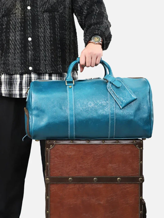 The Embossed Weekender | Handmade Full Grain Crazy Horse Leather Duffle Bag, Vintage Weekender Travel Bag for Men & Women  | Carry-On Gym Overnight Bag, Ladies Leather Travel Bag
