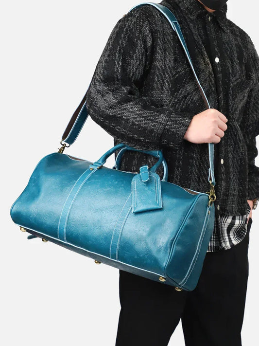 The Embossed Weekender | Handmade Full Grain Crazy Horse Leather Duffle Bag, Vintage Weekender Travel Bag for Men & Women  | Carry-On Gym Overnight Bag, Ladies Leather Travel Bag