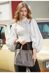 Two Tone Pebbled Leather Commuter Shoulder Bag for Women, Soft Genuine Leather Slouchy Shoulder & Handbag